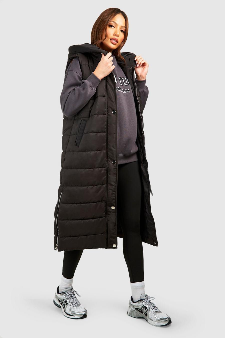 Black Tall Mid Length Hooded Gilet image number 1