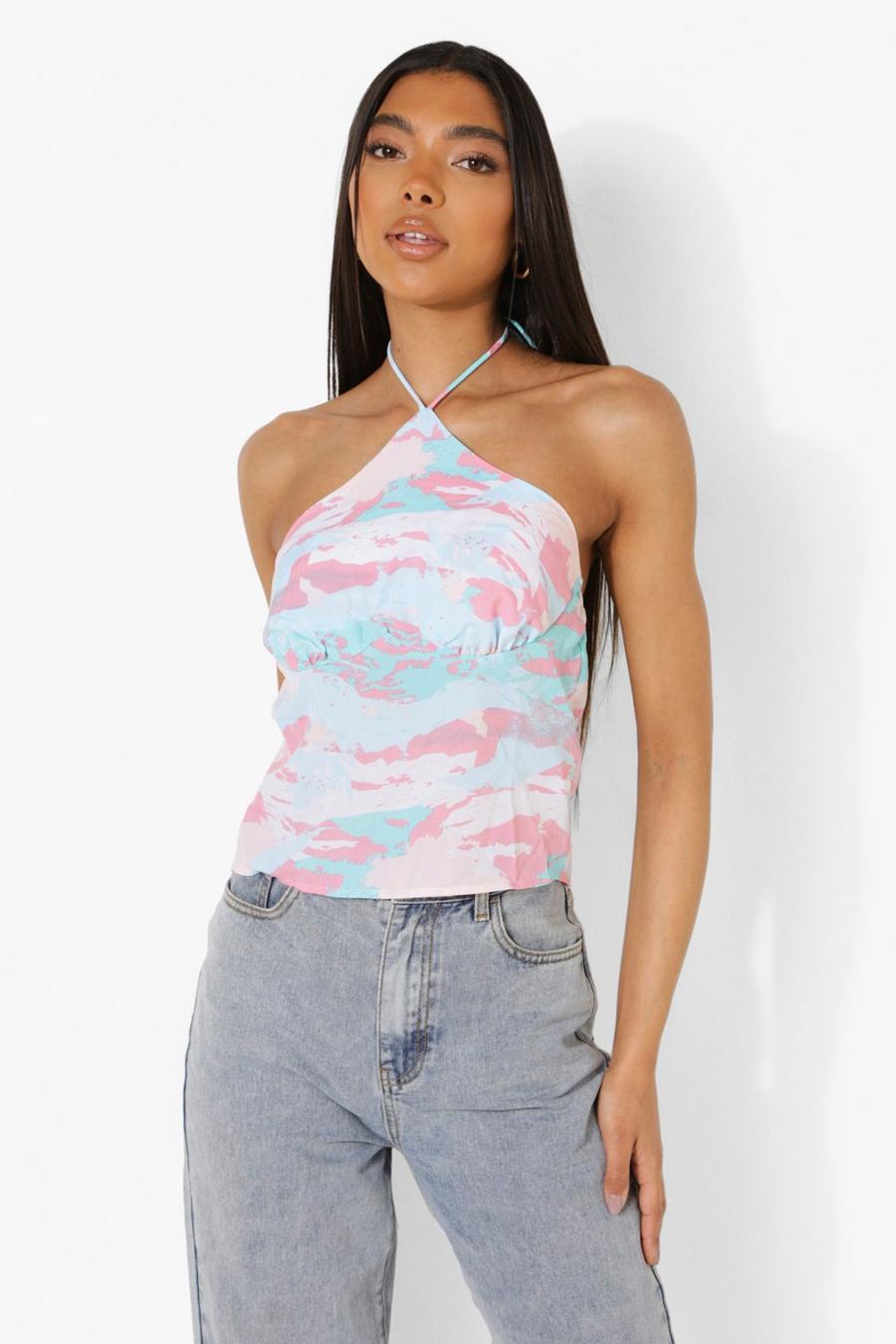 Blue Tall Tie Dye Halter Ruched Cami Top image number 1
