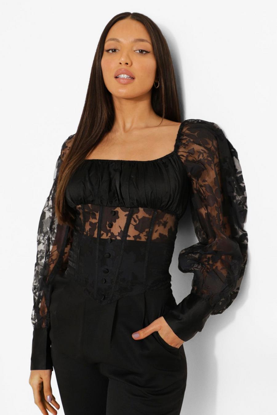 Black Tall Sheer Floral Puff Sleeve Corset Top image number 1