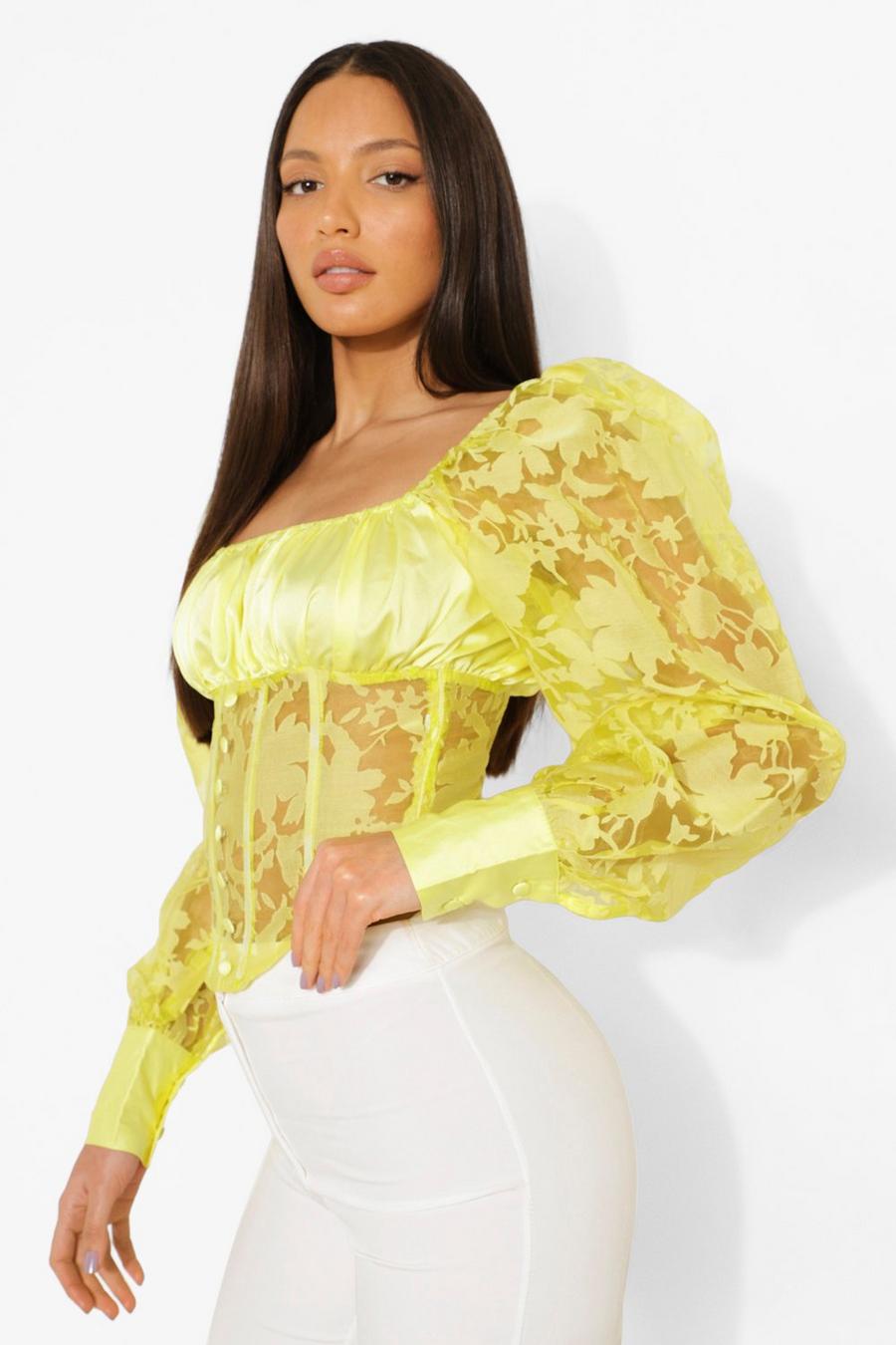 Yellow Tall Sheer Floral Puff Sleeve Corset Top image number 1