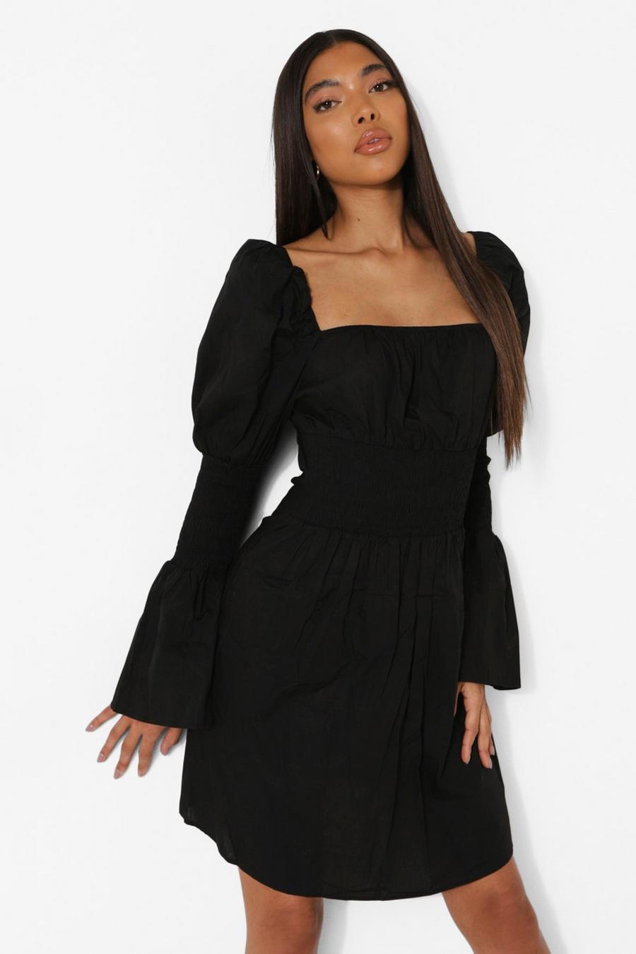 שחור שמלת סקייטר מכותנה עם כיווצים וקפלים לנשים גבוהות image number 1