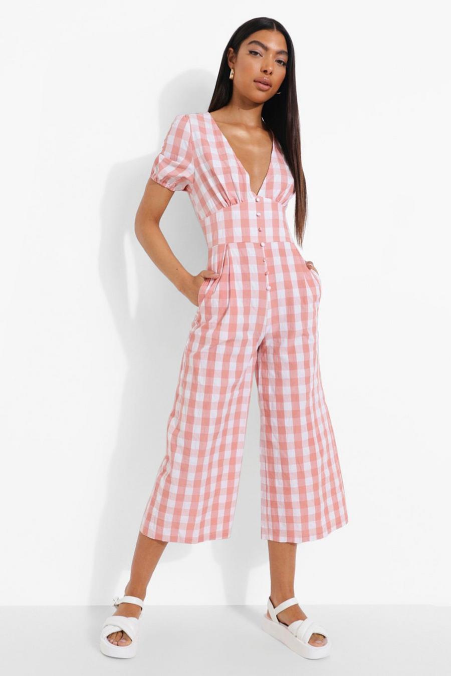 Baby pink Tall Gingham Culotte Jumpsuit Met Pofmouwen image number 1