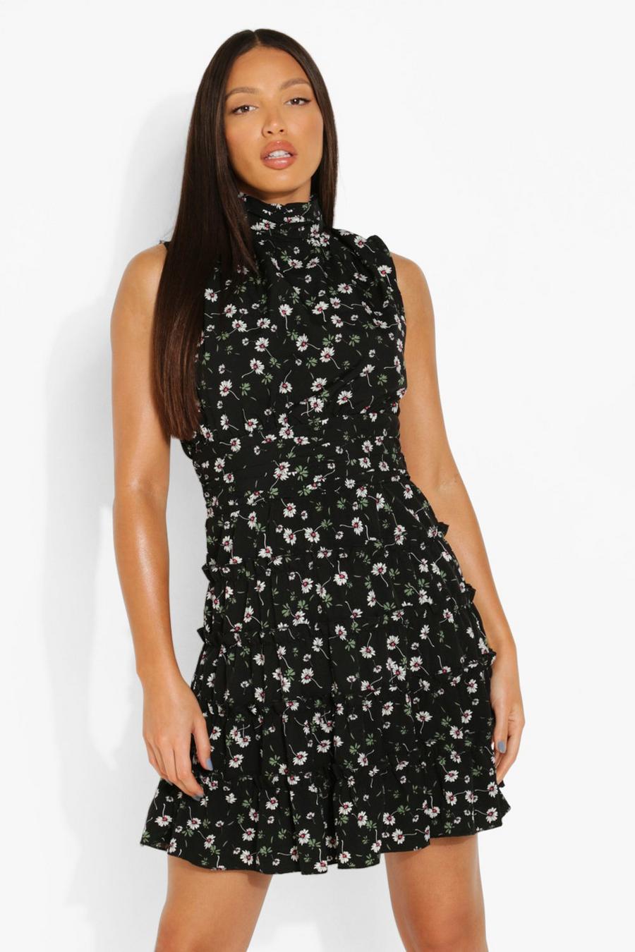 Tall hochgeschlossenes Rüschen-Kleid mit Blumenprint, Black image number 1