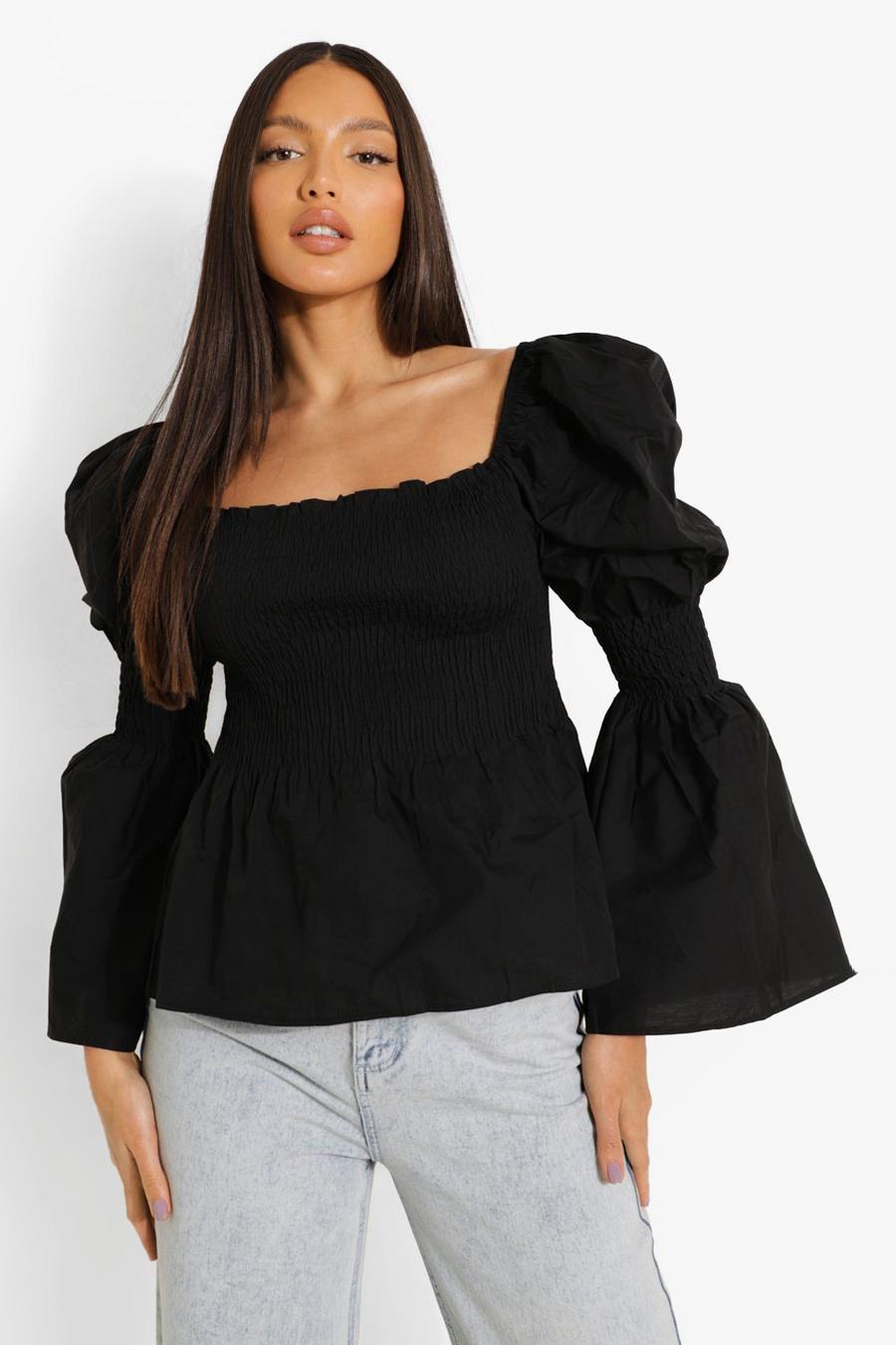 Black Tall Cotton Puff Sleeve Shirred Peasant Top image number 1