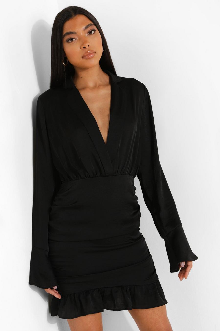 שחור שמלת חולצה מסאטן עם קפלים בצד לנשים גבוהות image number 1