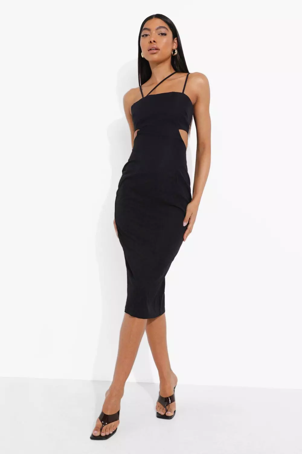 Black asymmetric shop strap midi dress