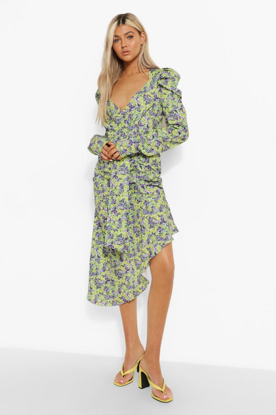 Yellow Tall Floral Open Back Puff Sleeve Midi Dress