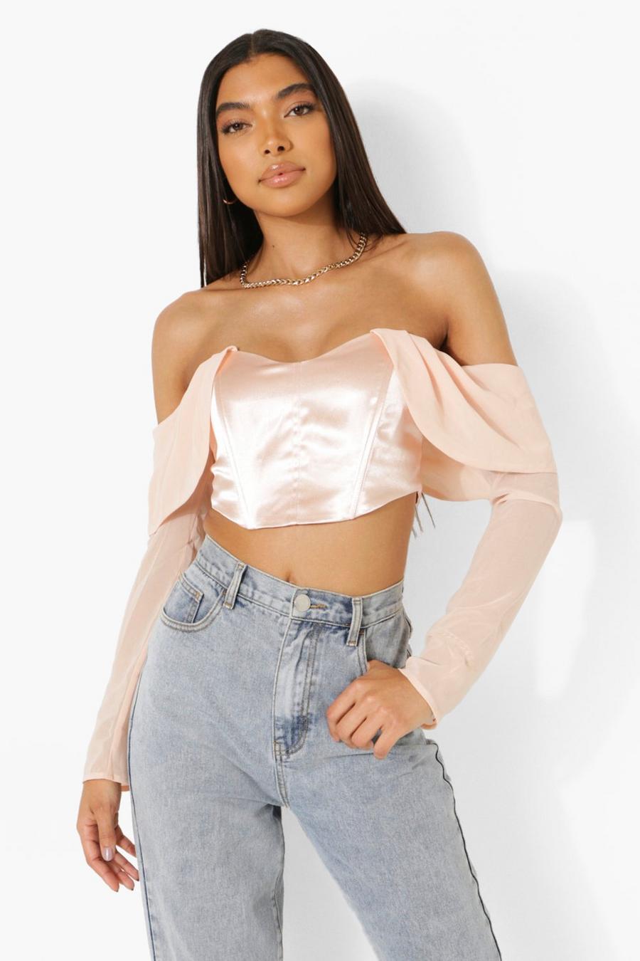 Champagne Tall Satin Draped Corset Crop Top image number 1