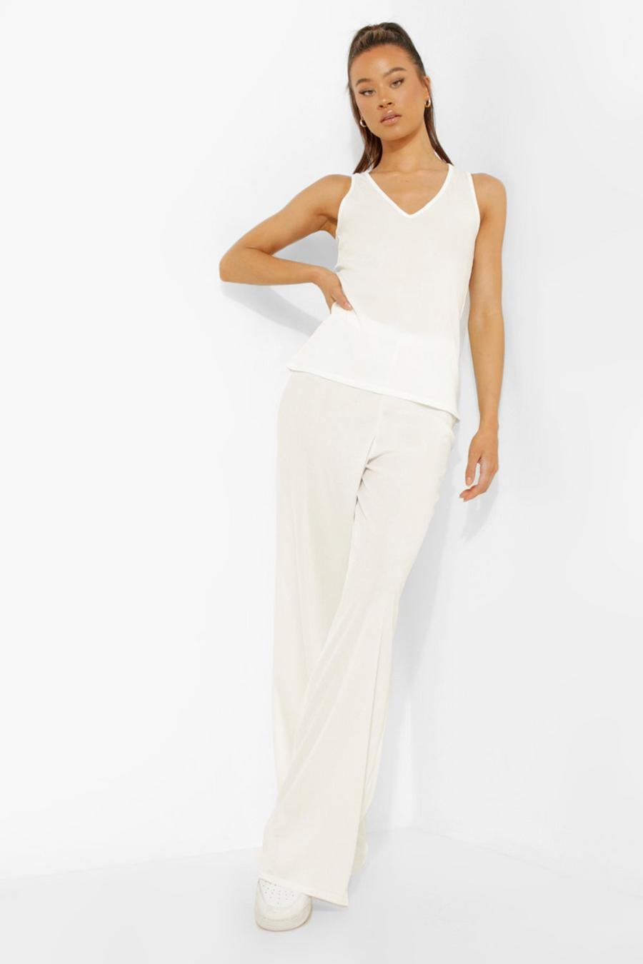 White Tall V-Neck Rib Pants Two-Piece image number 1