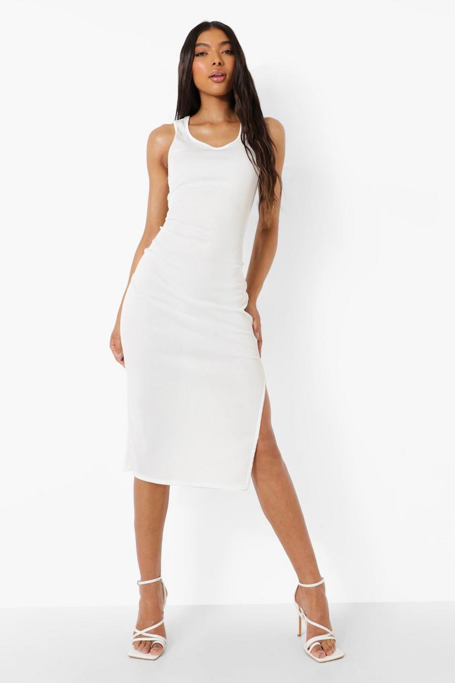 White Tall Cross Back Ribbed Dress image number 1