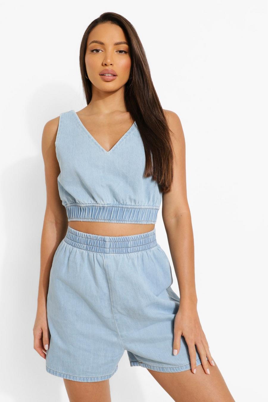 Ice blue Tall Backless Denim Bralet image number 1