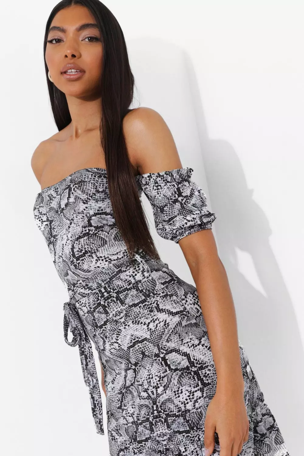 Off shoulder hotsell snake print dress