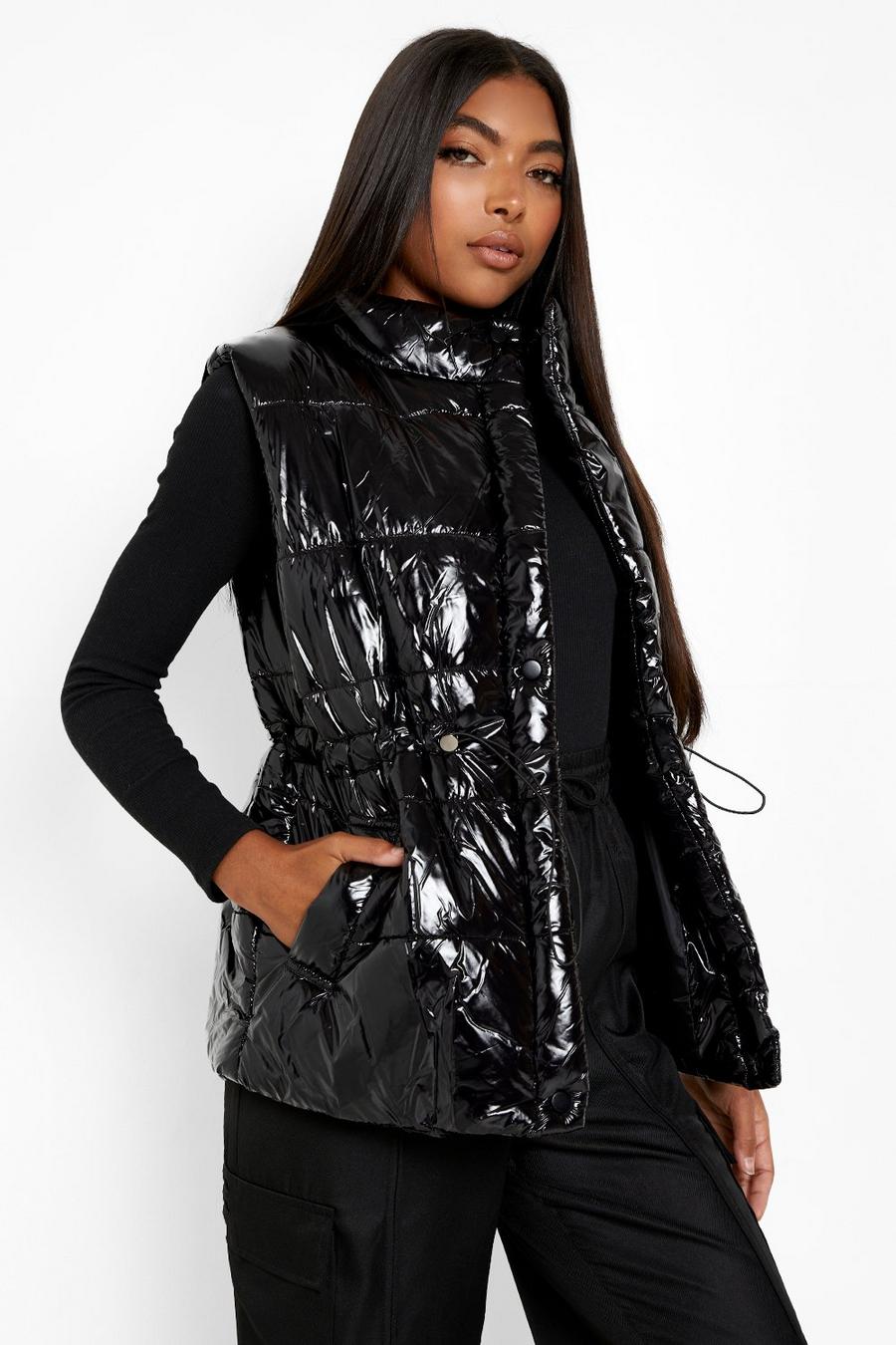 Black Tall High Shine Puffer Gilet image number 1