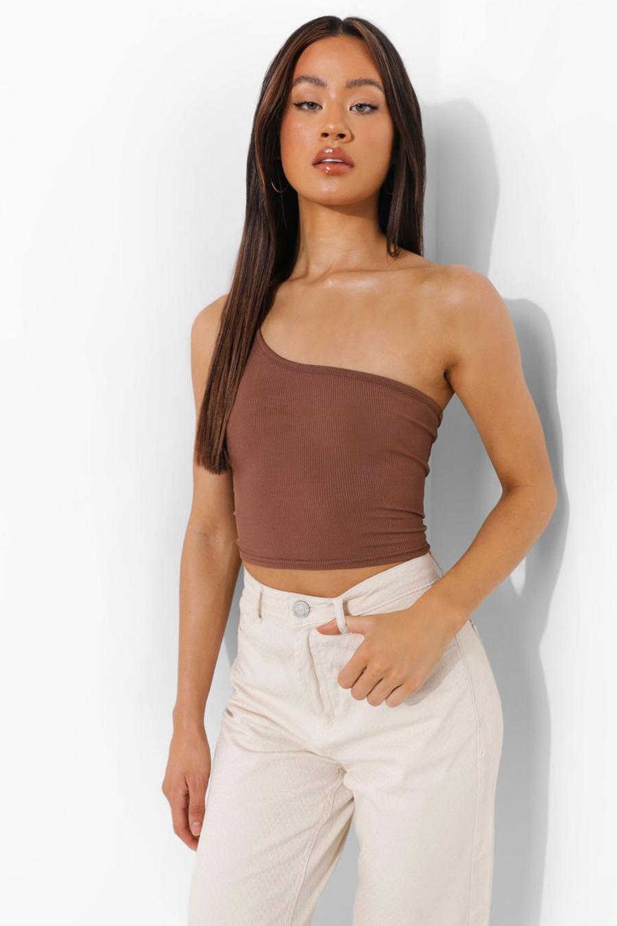 Tall geripptes One-Shoulder Top, Chocolate image number 1