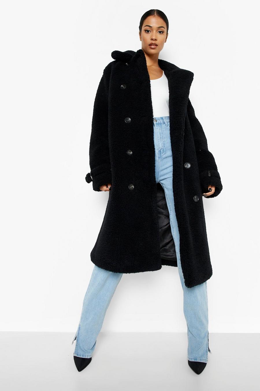 Black Tall Faux Fur Cuff Detail Longline Coat image number 1