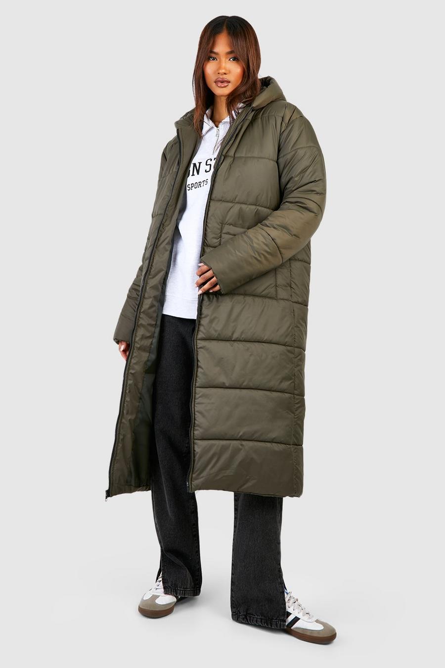 Khaki Tall Oversized Hooded Longline Puffer Coat