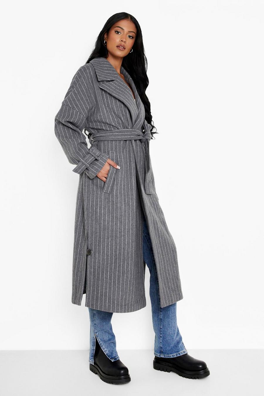Grey grå Tall Striped Wool Look Trench