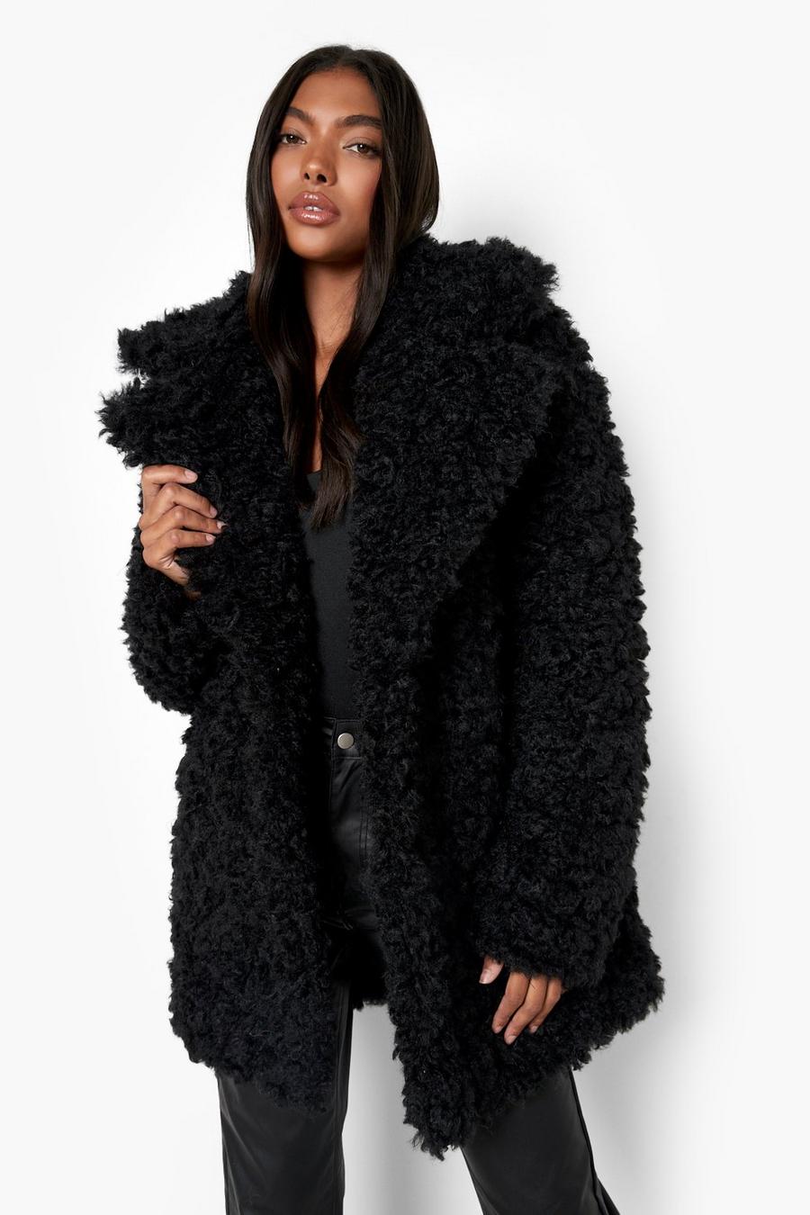Black Tall Teddy Faux Fur Collared Coat image number 1