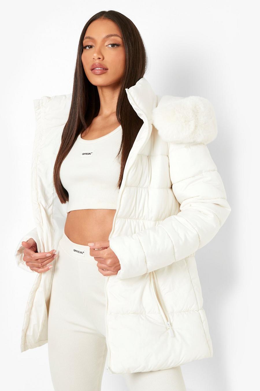 White Tall Faux Fur Trim Belted Puffer Jacket image number 1