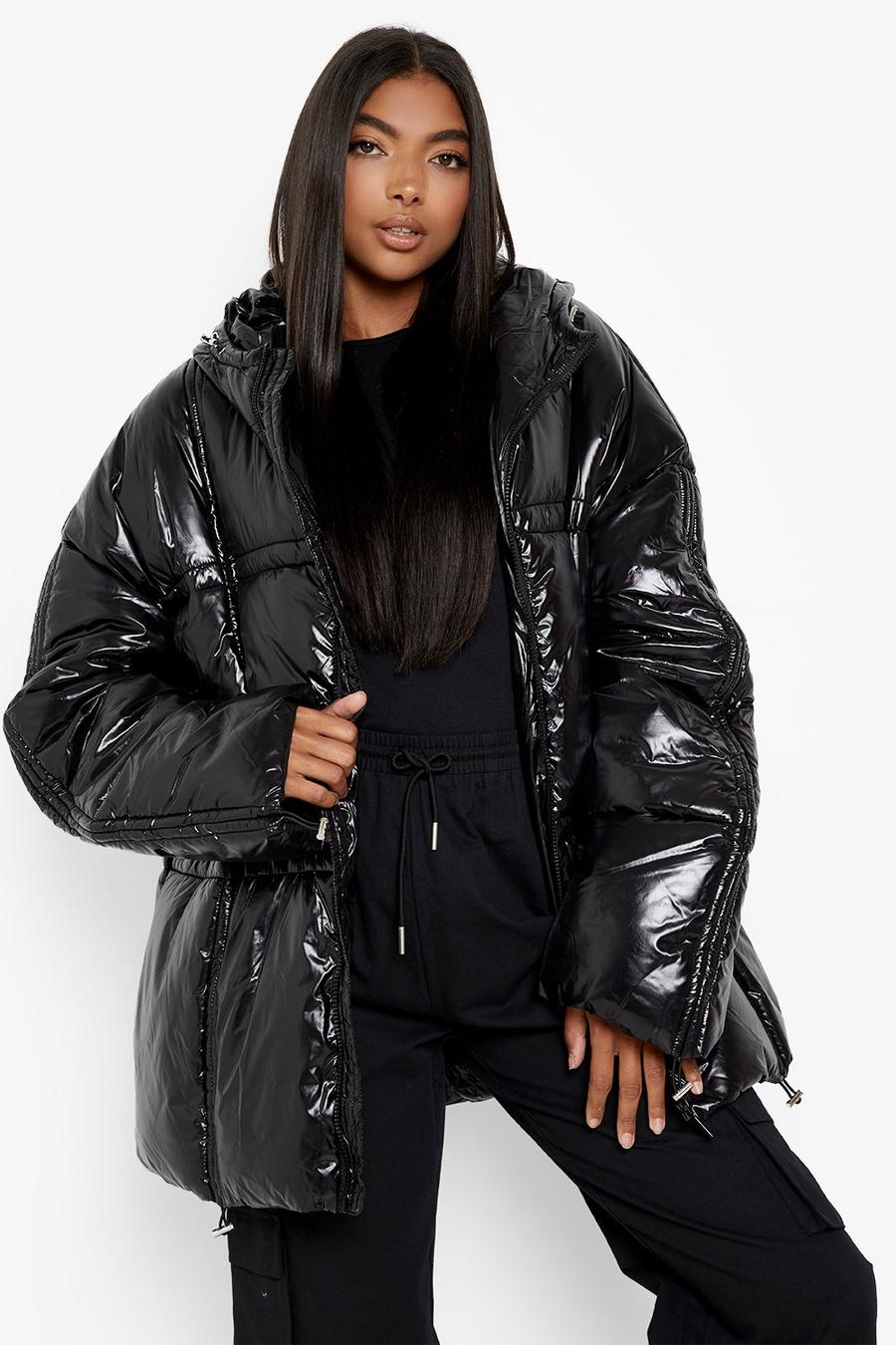 Black Tall High Shine Hooded Puffer image number 1