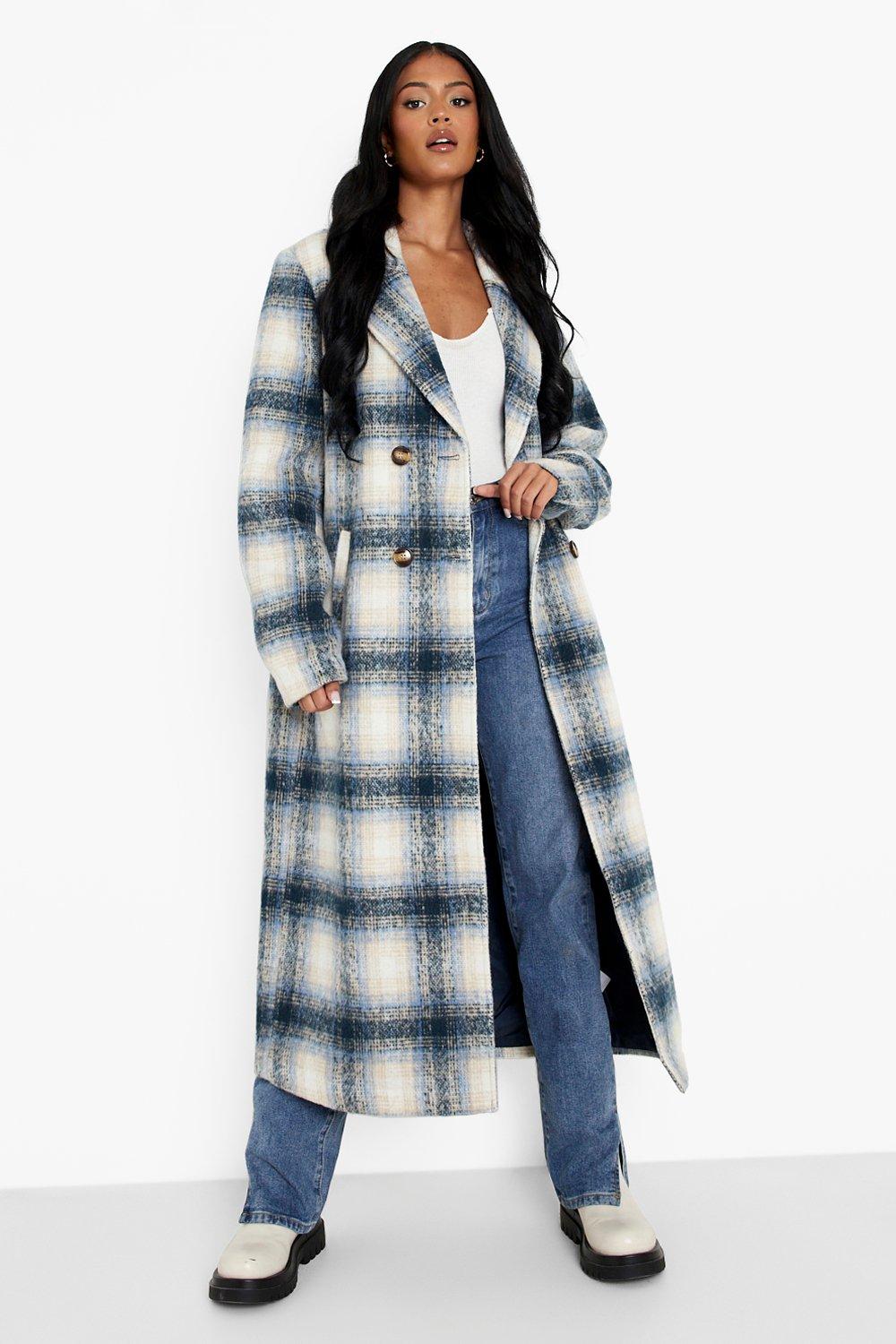 Tall Check Longline Wool Coat boohoo UK