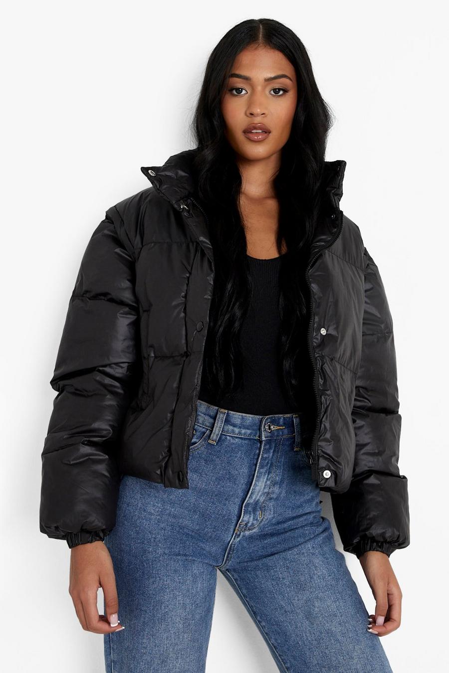 Black Tall Detachable Sleeve Crop Puffer image number 1