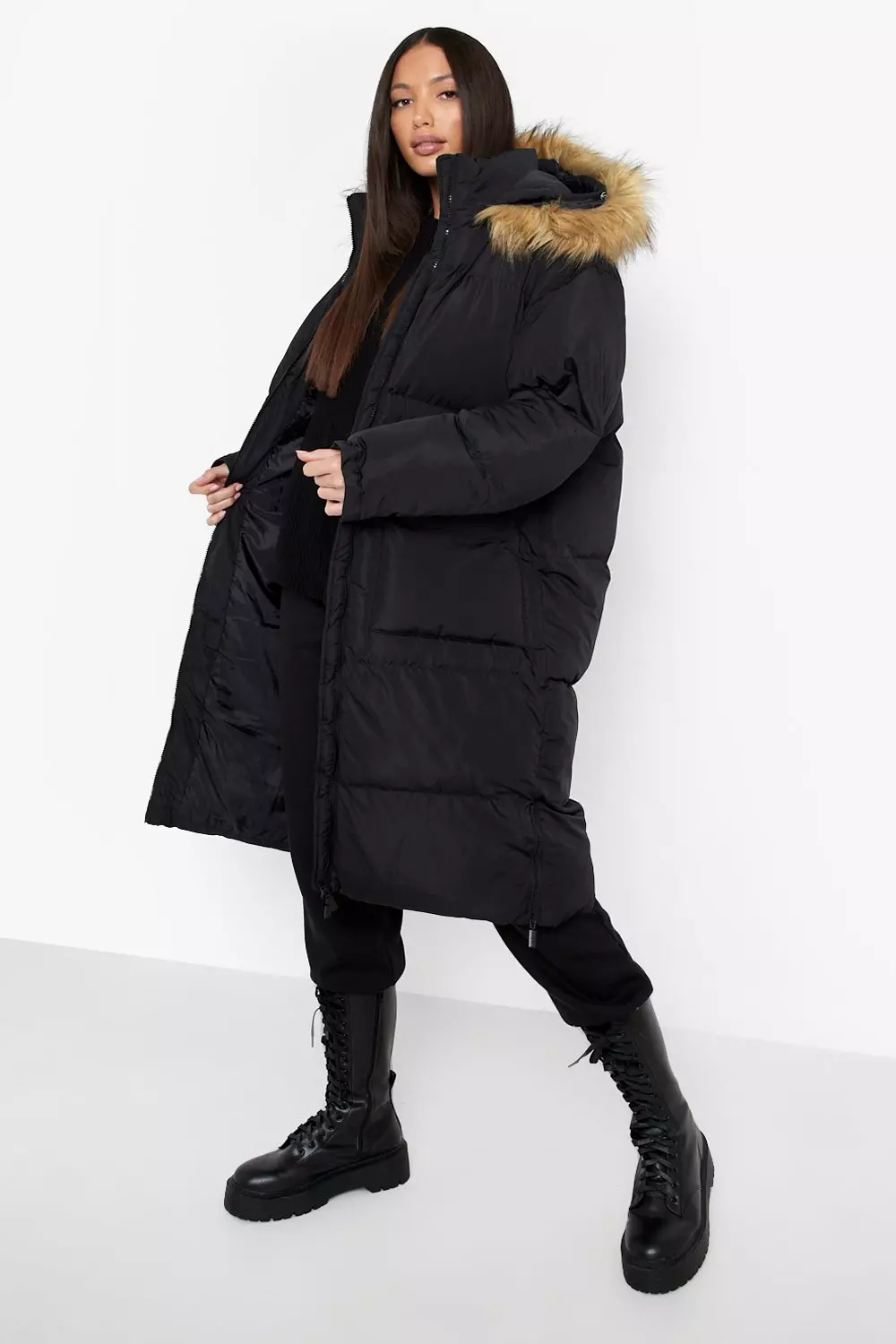 Black faux fur shop hood longline puffer jacket