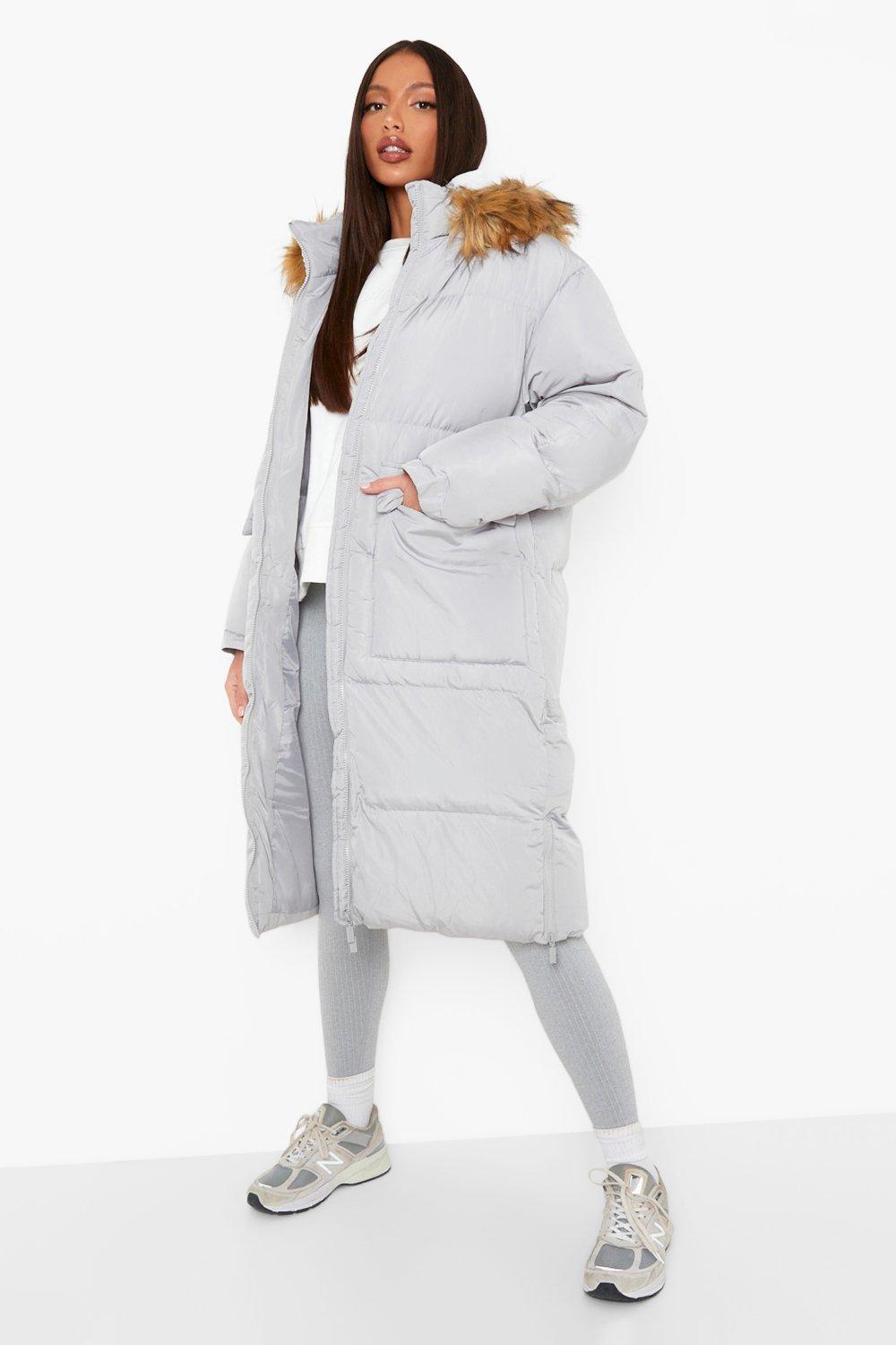 Grey faux fur 2025 trim longline puffer jacket