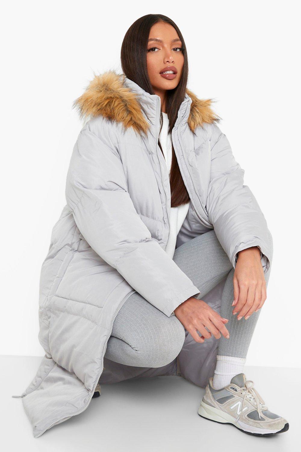 Grey faux fur on sale trim longline puffer jacket