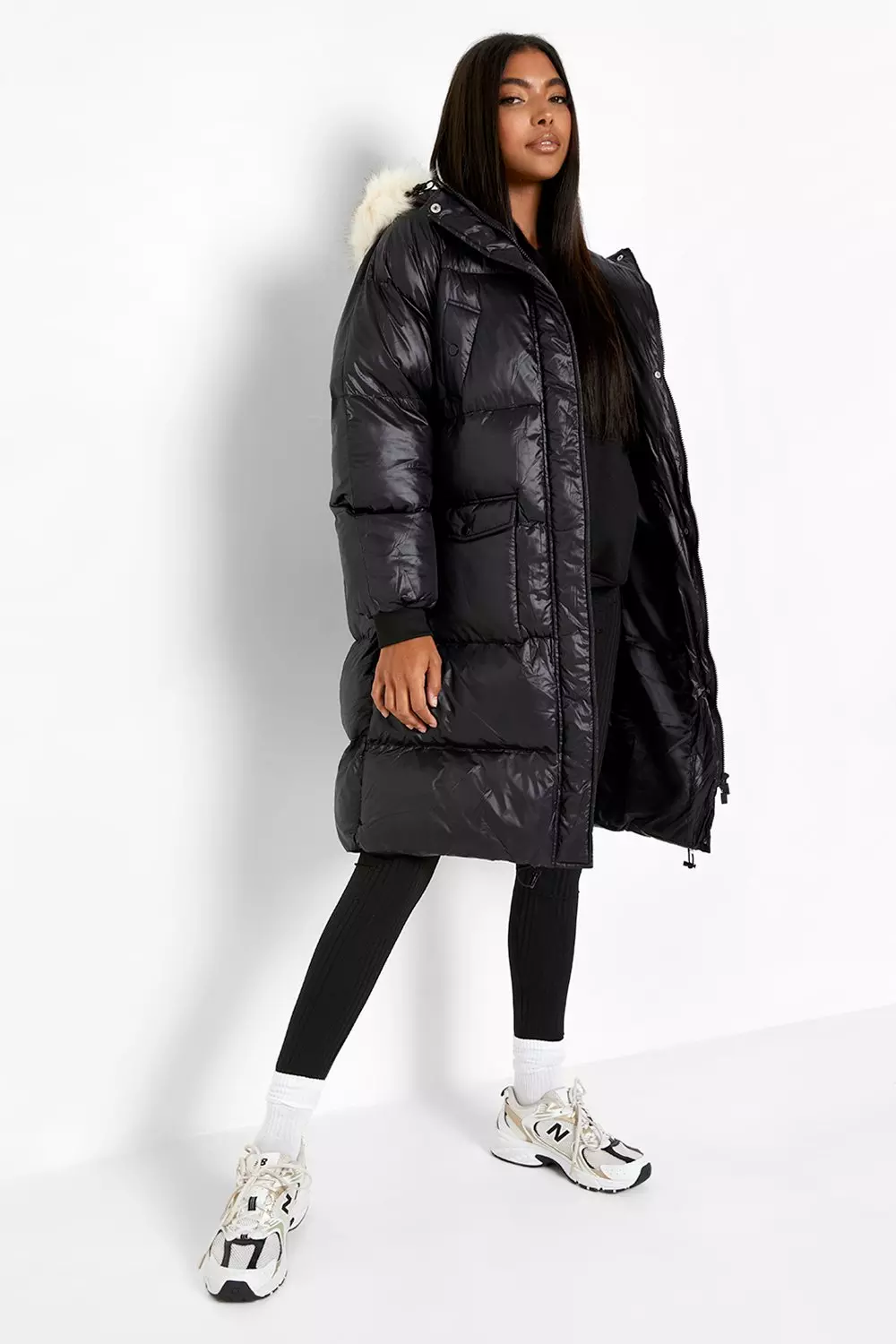 Tall black faux fur 2024 hooded trim puffer jacket