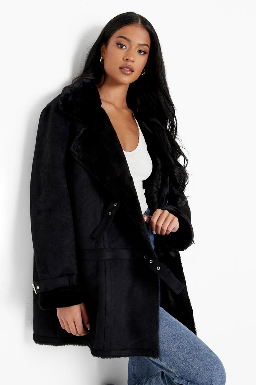 Black Tall Faux Fur Lined Buckle Detail Aviator Jacket image number 1