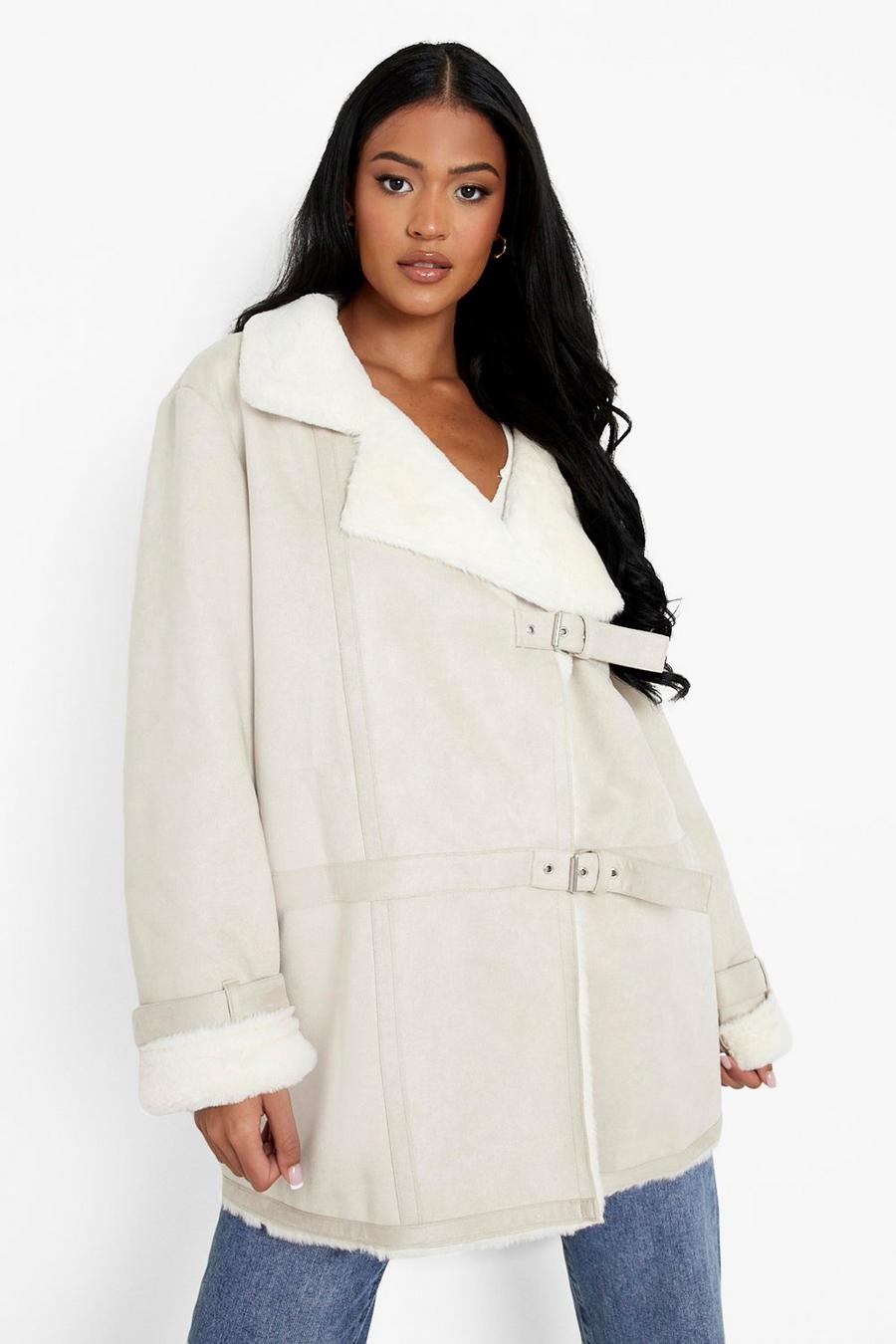 Cream Tall Faux Fur Lined Buckle Detail Aviator Jacket image number 1