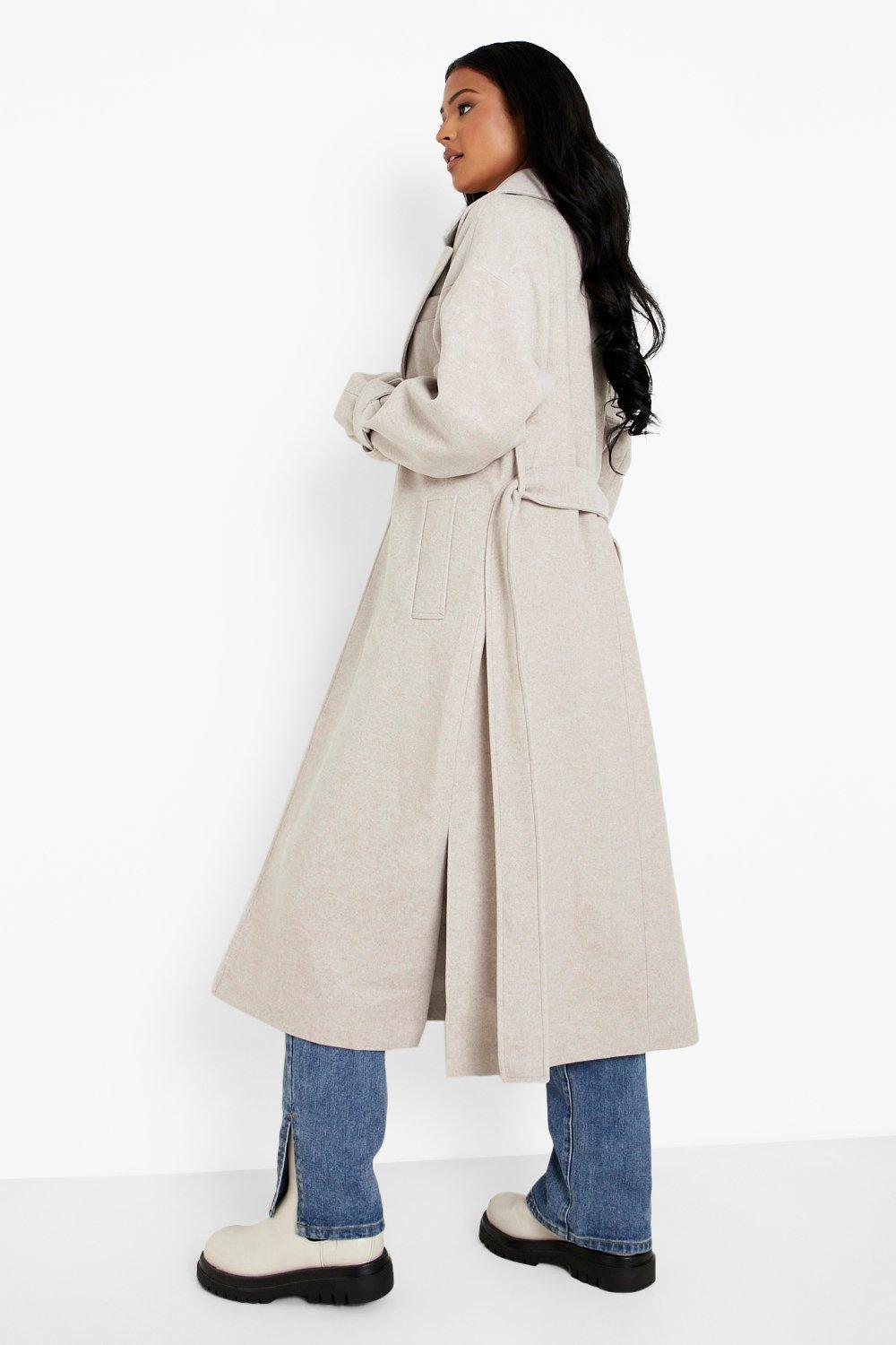 boohoo Belted Short Textured Wool Look Trench Coat - Beige - Size 4