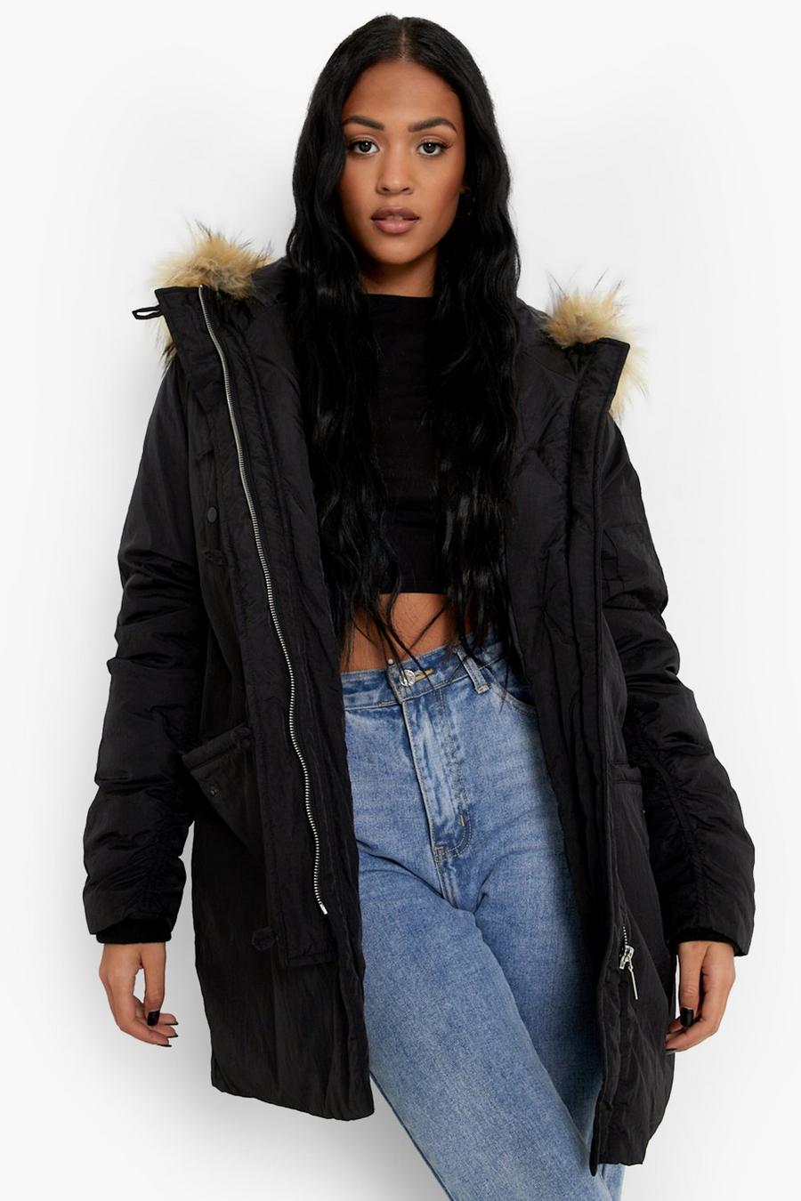 Black Tall Faux Fur Hooded Parka image number 1