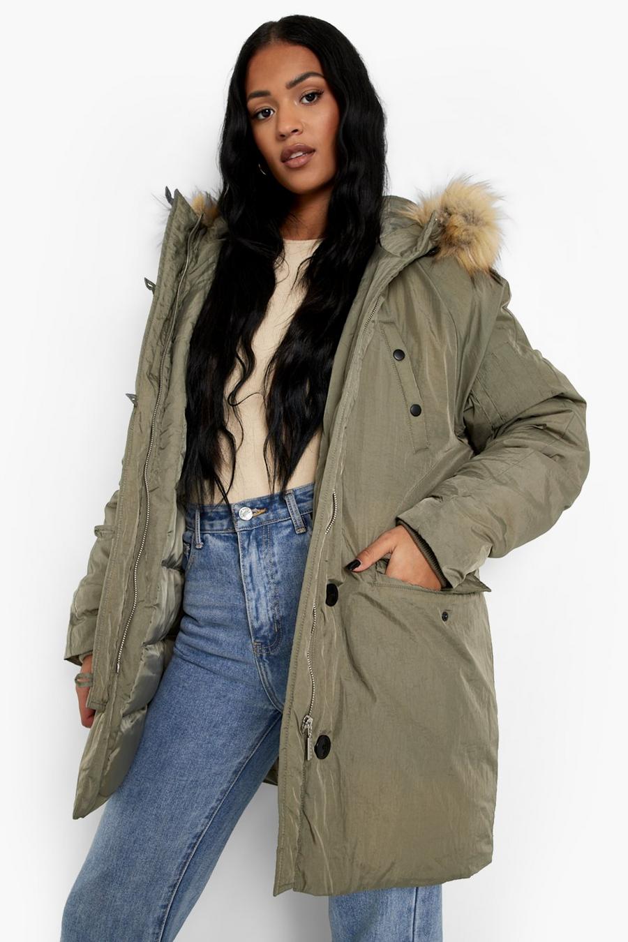 Khaki Tall Faux Fur Hooded Parka image number 1