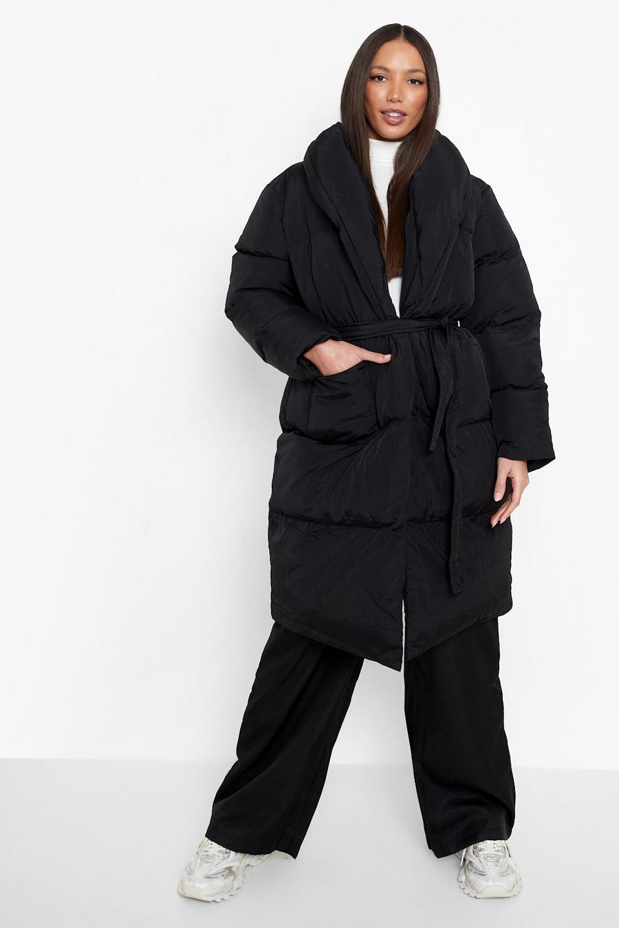 Black Tall Longline Wrap Belted Puffer Jacket image number 1