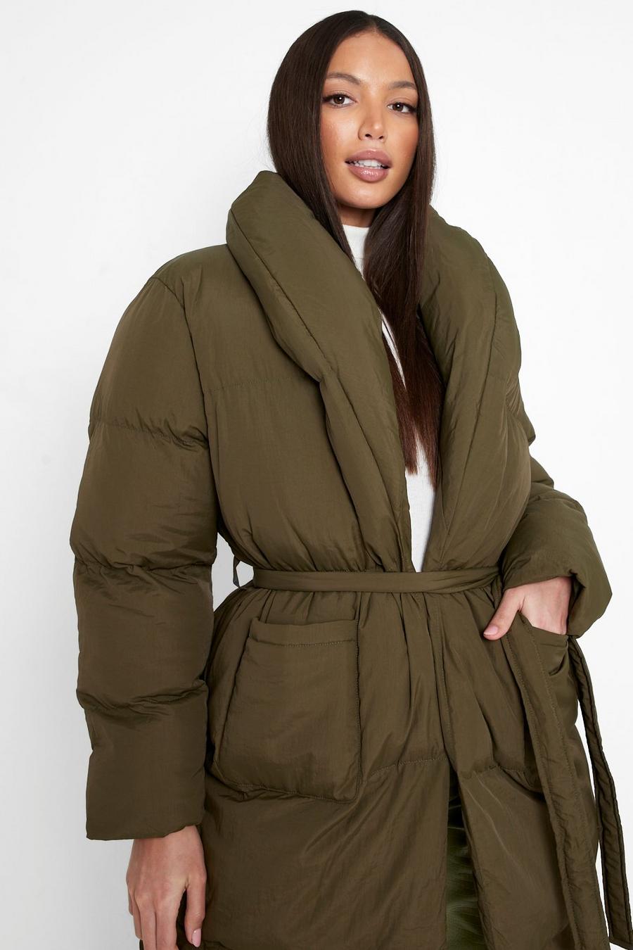 Khaki Tall Longline Wrap Belted Puffer Jacket image number 1