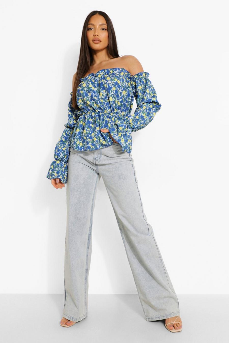 Blue Tall Floral Off The Shoulder Volume Sleeve Top