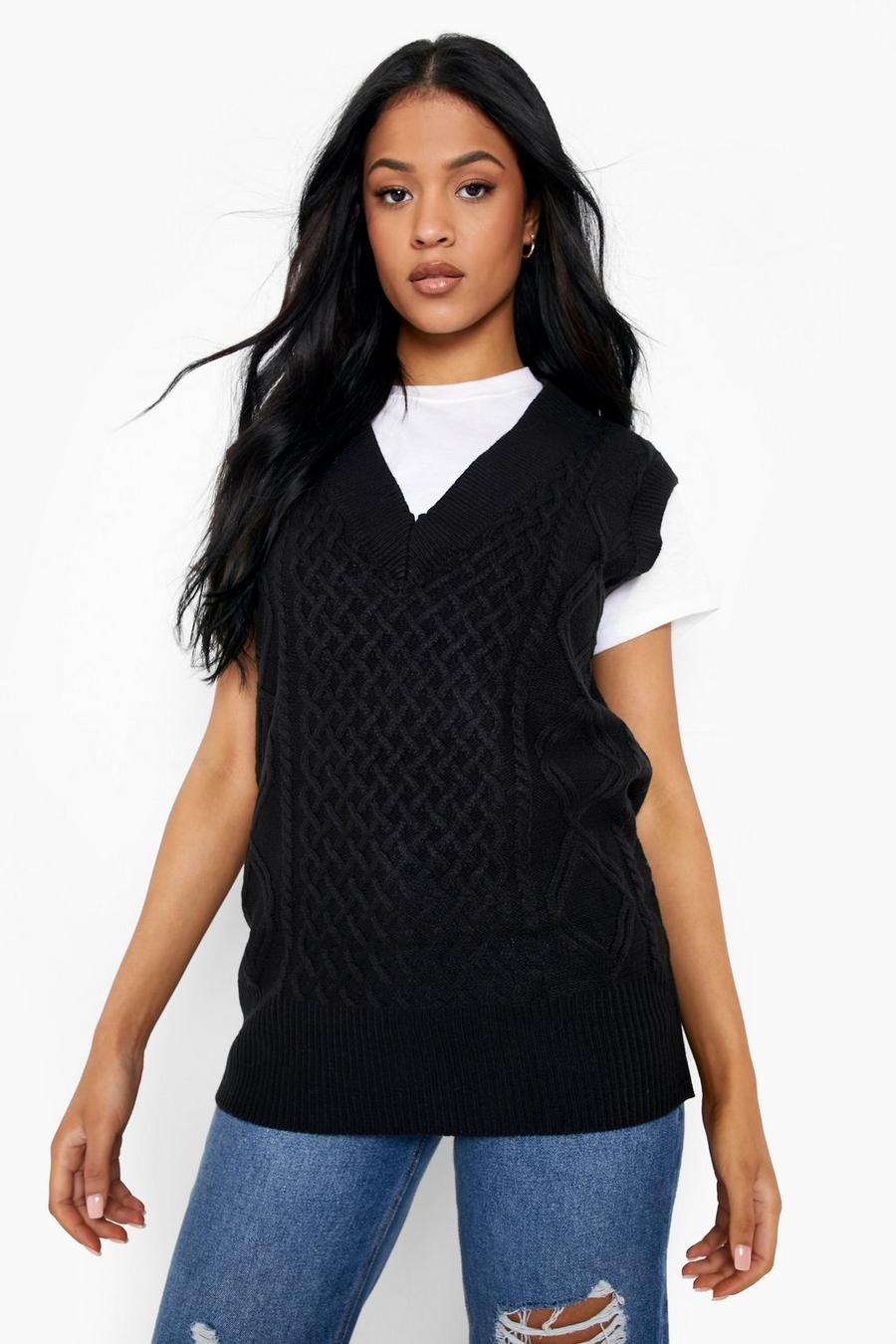 Black Tall V Neck Cable Knit Sweater Vest image number 1