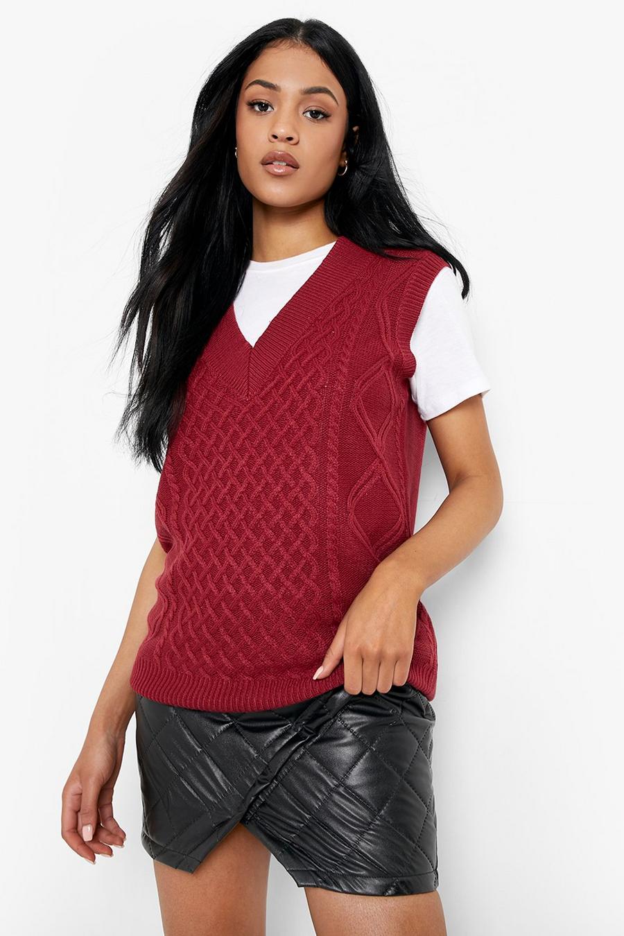 Dark red Tall Recycled V Neck Cable Knit Sweater Tank image number 1
