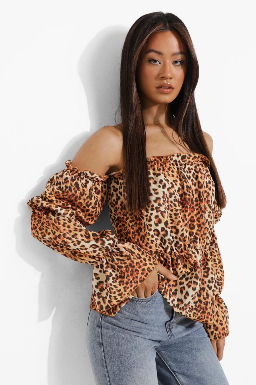 Brown Tall Leopard Off The Shoulder Puff Sleeve Top image number 1