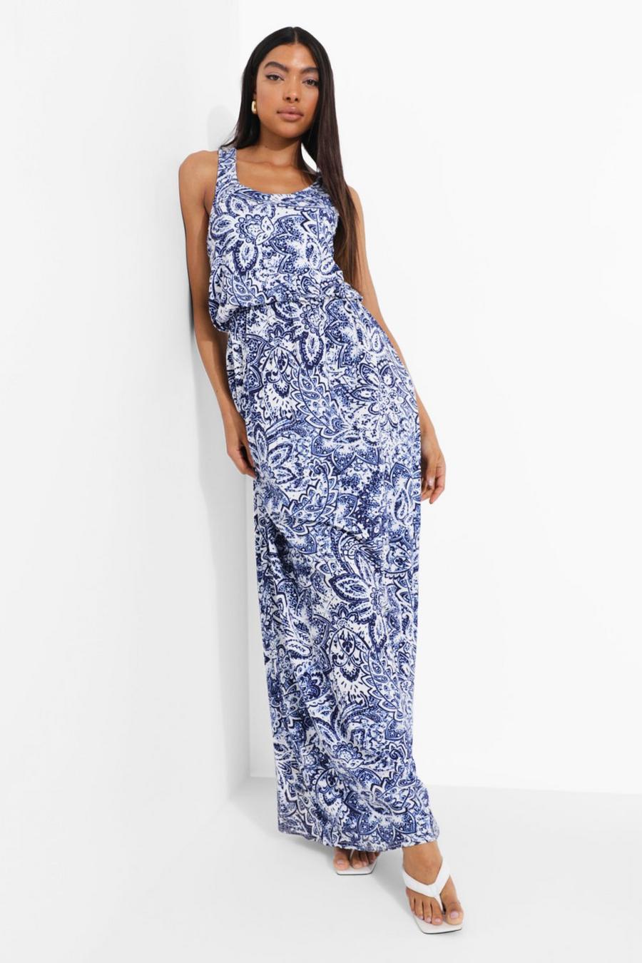 Blue Tall Paisley Racer Back Maxi Dress image number 1