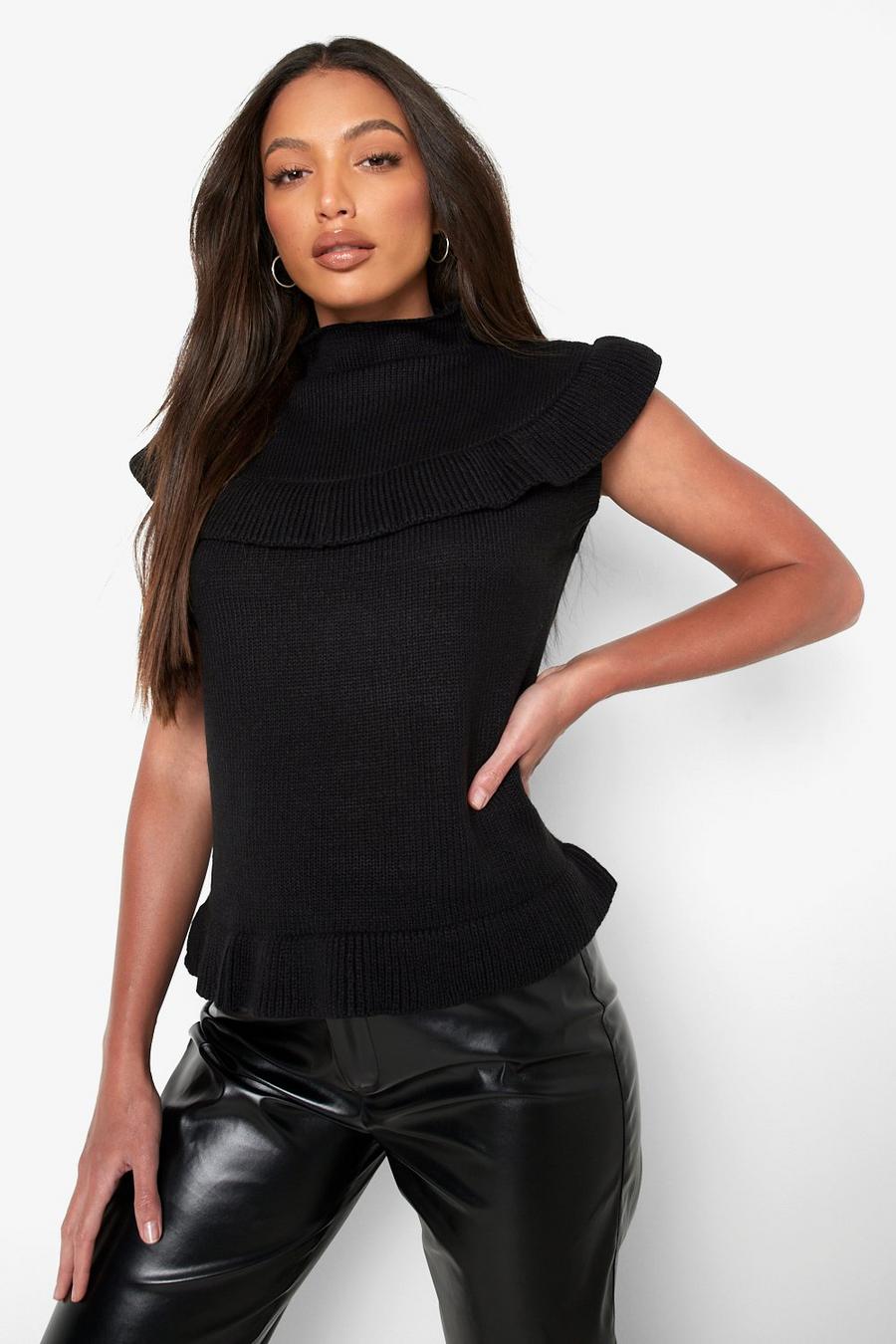 Black Tall High Neck Ruffle Knitted Tank image number 1