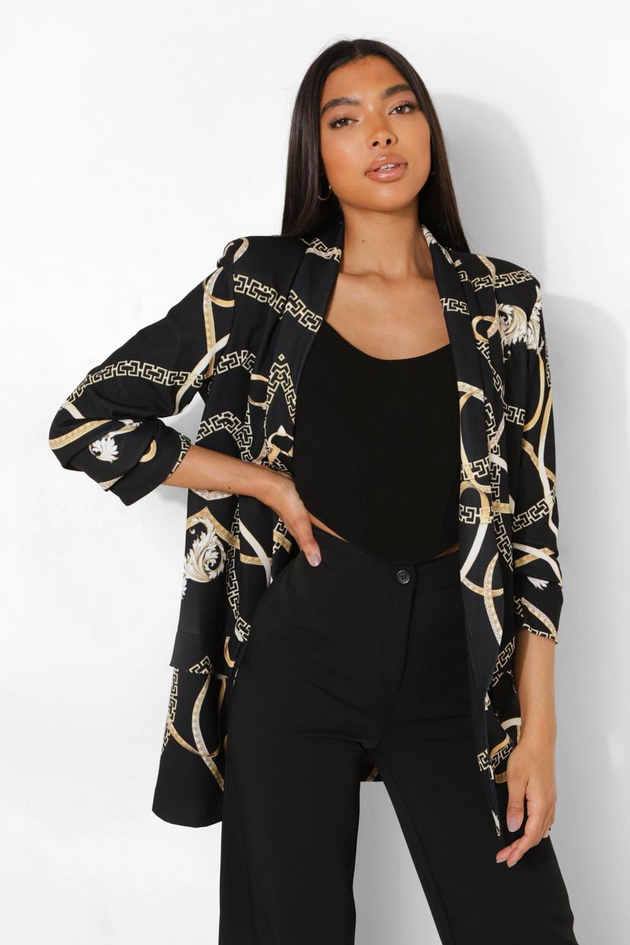 Black Tall Chain Print Ruched Sleeve Blazer image number 1