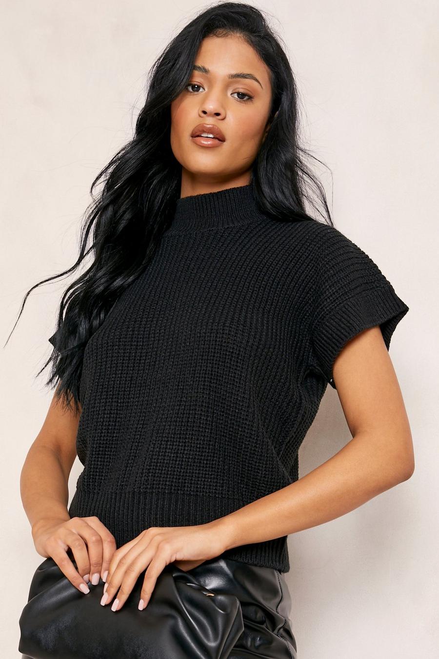 Black Tall High Neck Chunky Sweater Vest image number 1