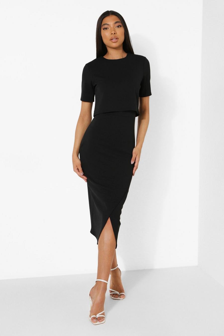 Black Tall Layered Wrap Wiggle Midi Dress image number 1