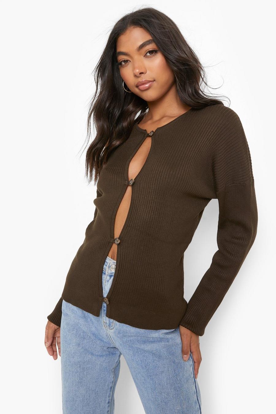 Chocolate Tall Button Through Rib Knit Cardigan image number 1