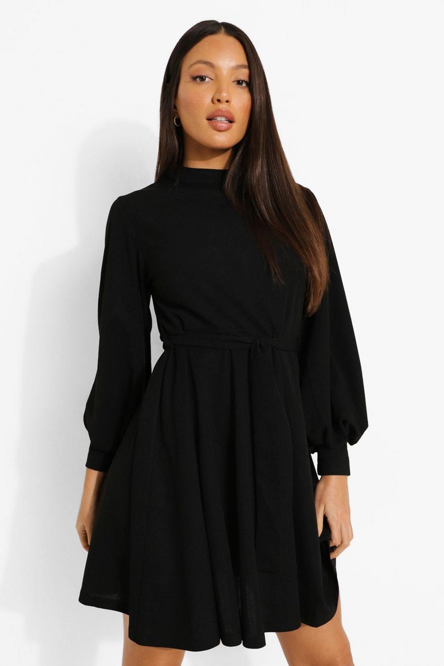 Black Tall Balloon Sleeve Belted Skater Dress image number 1