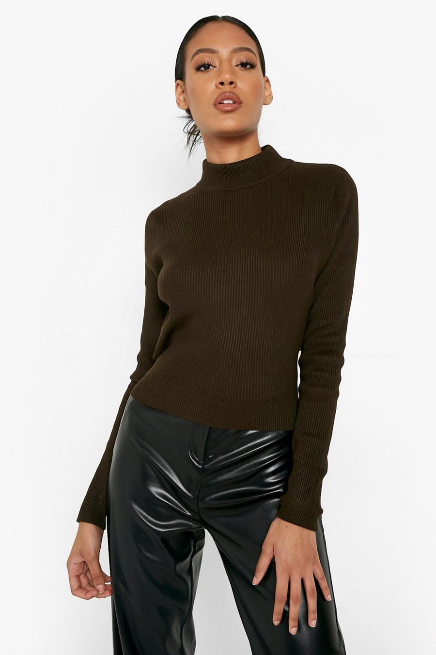 Chocolate Tall Funnel Neck Tie Back Jumper image number 1