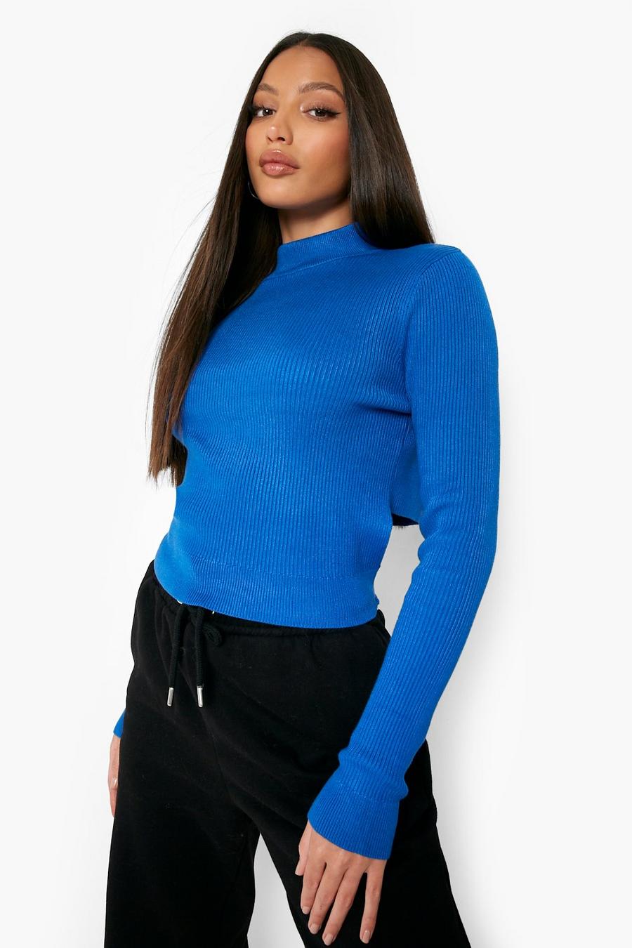 Cobalt blue Tall Recycled Funnel Neck Tie Back Jumper